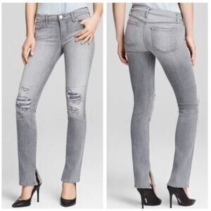 J Brand Jeans Rail Mid-Rise Distressed Denim Split Hem Grey Denim 811 size 27